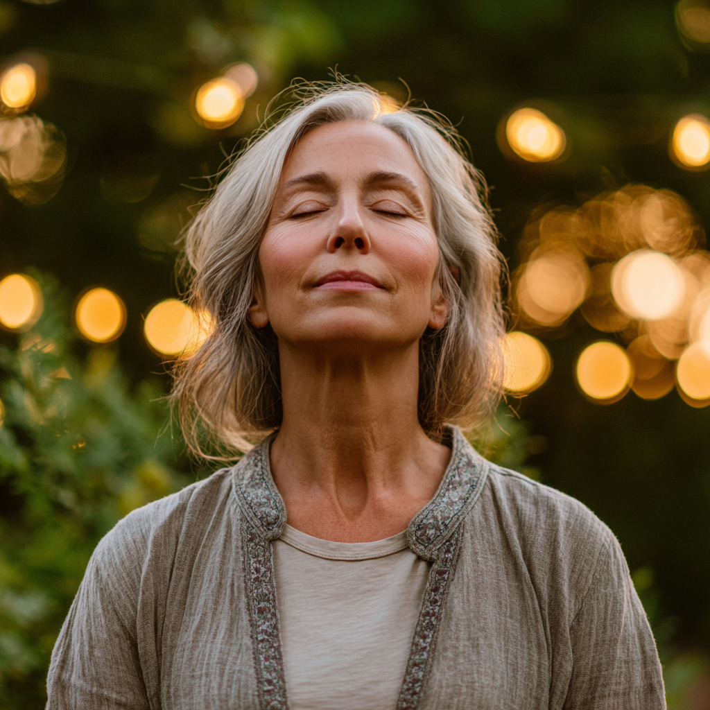 Mosolygó magyar felnőttek jóga gyakorlás közben természetes környezetben